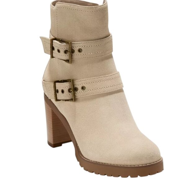 Cole Haan Women's Tan Chunky Heel Foster Double-Buckle Suede Booties - Picture 1 of 12